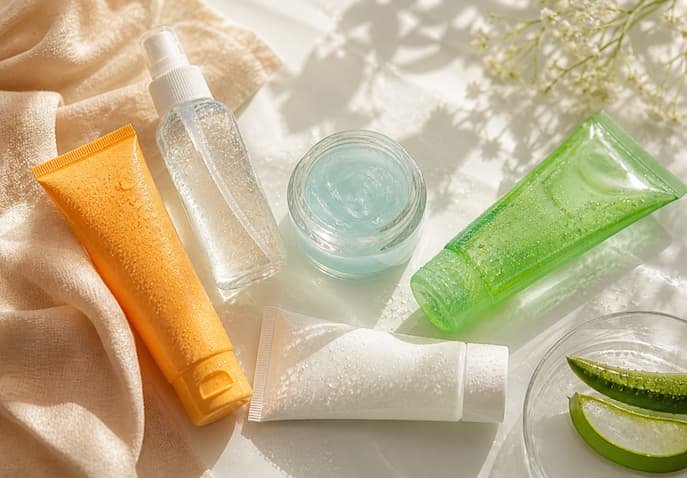 Bright summer skincare flat-lay with sunscreen, aloe vera gel, face mist, and hydrating products on a clean surface, water droplets in natural sunlight, and fresh green accents.