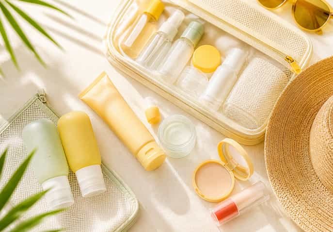 Bright flat-lay of summer travel beauty hacks with silicone travel bottles, multipurpose skincare, lip tint, and compact makeup arranged on a clean beige background in natural sunlight