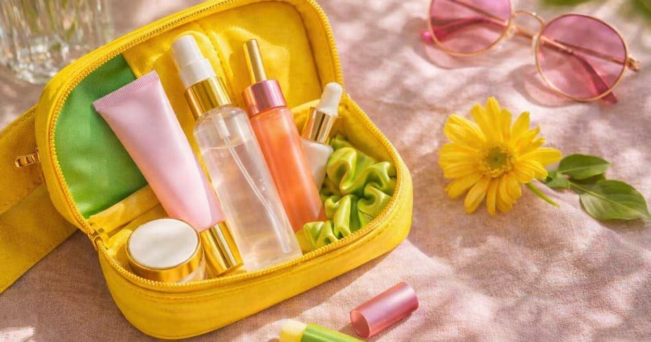 Luxury summer travel beauty flat-lay with skincare essentials in an open cosmetic pouch, including sunscreen, face mist, lip balm and sunglasses in warm natural sunlight
