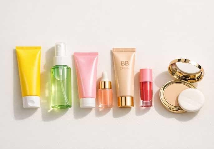 Flat lay of recommended summer travel beauty products, including sunscreen, face mist, BB cream, lip tint, and compact powder, shown in an affiliate products section for travel essentials