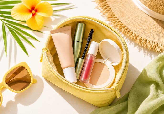 Minimal summer travel makeup flat-lay with BB cream, mascara, lip tint, and compact powder arranged inside a bright yellow cosmetic pouch with natural sunlight