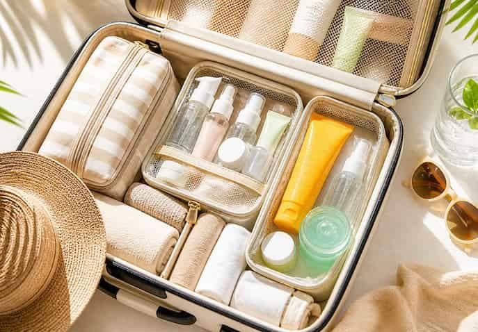 An open suitcase with organized summer travel beauty essentials including sunscreen, skincare bottles, toiletry pouch and travel-size products for a lightweight packing routine