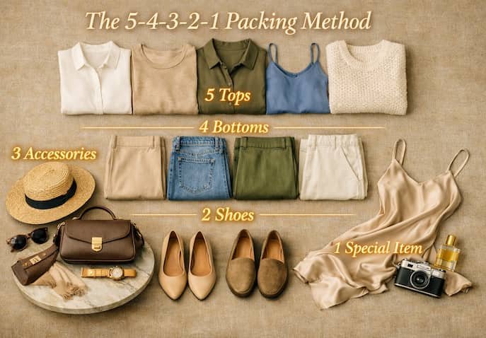 Travel capsule wardrobe showing the 5‑4‑3‑2‑1 packing method with highlighted golden labels for tops, bottoms, accessories, shoes, and one special item on a beige linen background.