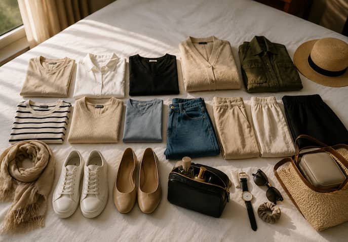 7-day travel capsule wardrobe layout with coordinated outfits and travel essentials arranged on a luxury hotel bed