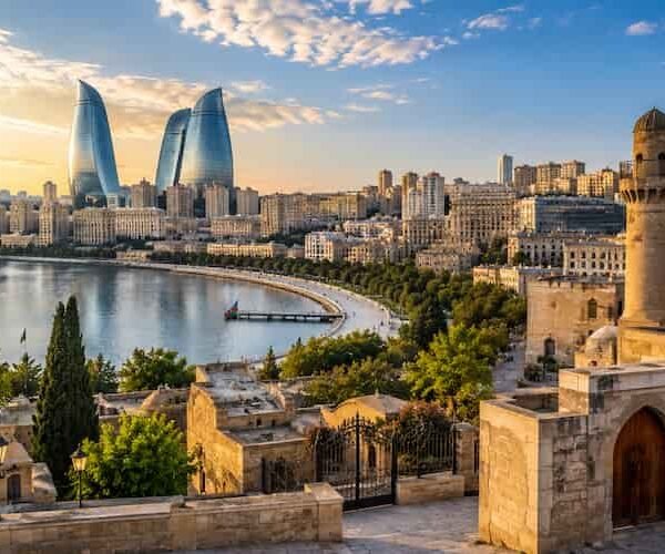 Baku skyline with Flame Towers, Caspian Sea waterfront, and Old City