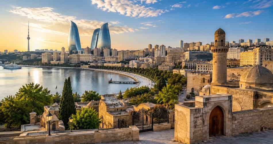 Baku skyline with Flame Towers, Caspian Sea waterfront, and Old City