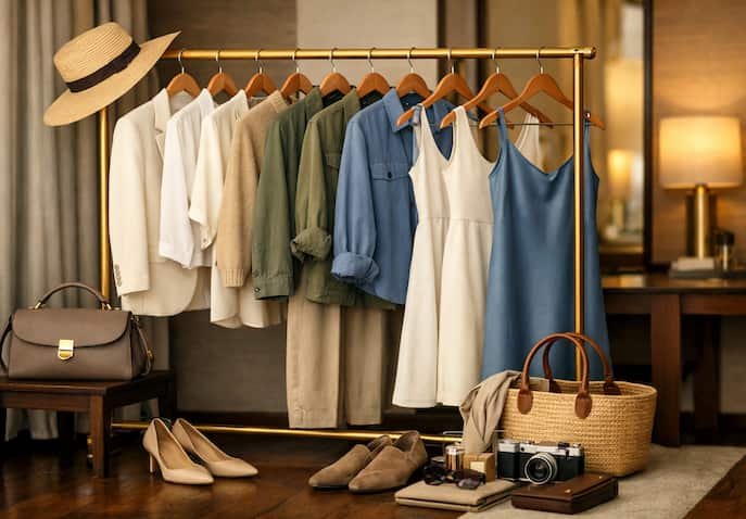 Elegant travel capsule wardrobe displayed on a gold clothing rack in a luxury hotel dressing area featuring beige, ivory, olive, and dusty blue outfits with accessories.