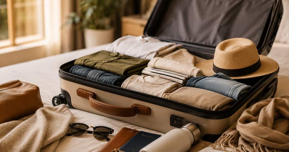 An open suitcase on a bed, neatly packed with capsule wardrobe essentials and neutral clothing, sunglasses, a hat, and travel essentials for stress-free travel packing.