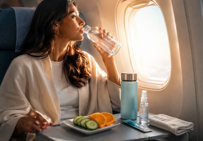 Traveler drinking water beside a sunlit airplane window with hydration essentials including electrolyte sachets, cucumber slices, oranges, and face mist during a long-haul flight