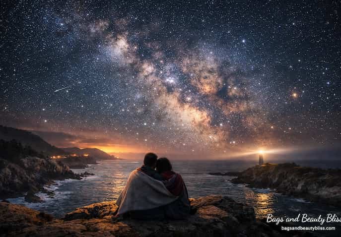 Two people sitting on coastal rocks under the Milky Way at Lake Tekapo New Zealand with a lighthouse glowing in the distance