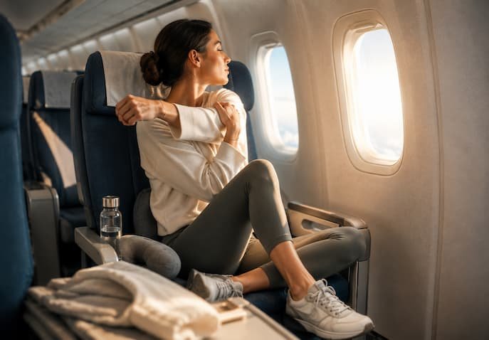  Traveler performing seated stretches beside an airplane window during a long-haul flight to improve circulation, reduce stiffness, and support in-flight wellness