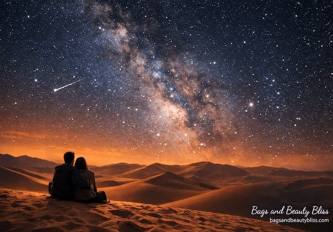 Two people sitting on sand dunes in the Namib Desert under a star‑filled sky with the Milky Way visible above