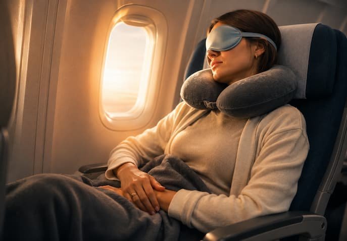 Traveler sleeping comfortably in a window seat with a neck pillow, eye mask, and blanket under warm airplane cabin lighting during a long-haul flight