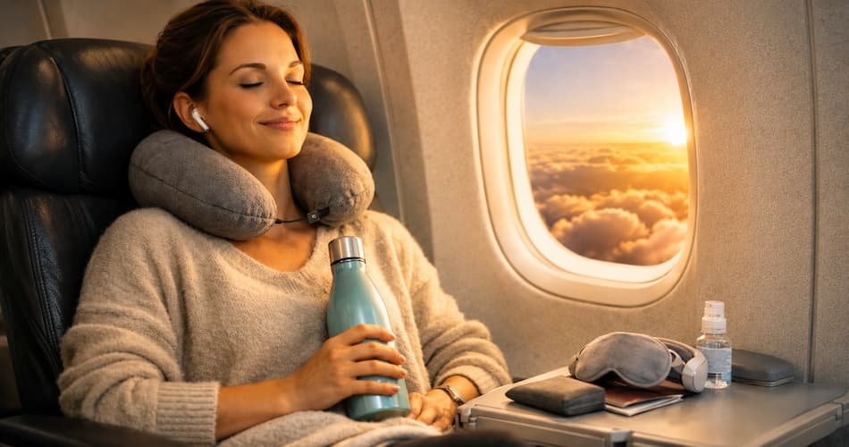 In-flight wellness essentials arranged on an airplane tray table beside a sunlit cabin window, featuring a reusable water bottle, neck pillow, healthy snacks, skincare mist, eye mask, and passport for healthy air travel
