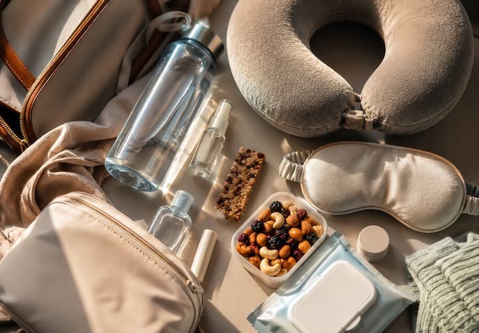 In‑flight wellness essentials flat lay featuring reusable water bottle, neck pillow, eye mask, healthy snacks, and skincare mist arranged in golden cabin light for travel comfort and hydration