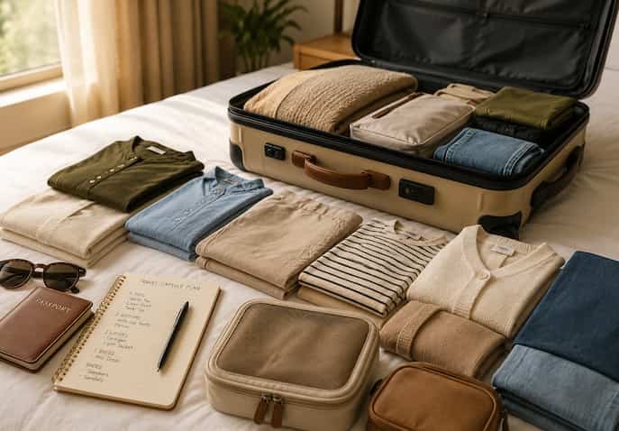 Travel capsule wardrobe color palette planning with coordinated neutral clothing, organized outfits, and travel essentials for smart minimalist packing