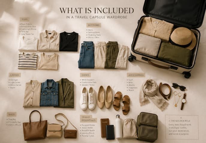 Travel capsule wardrobe essentials arranged in a visual checklist