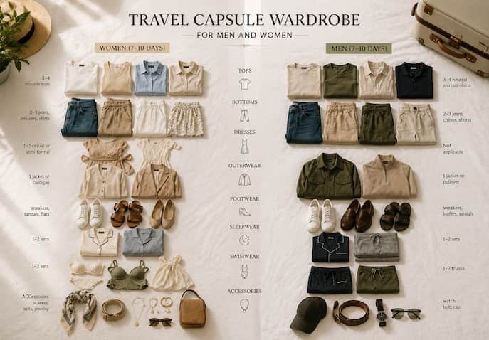 Travel capsule wardrobe comparison for men and women showing clothing essentials for a 7–10 day trip