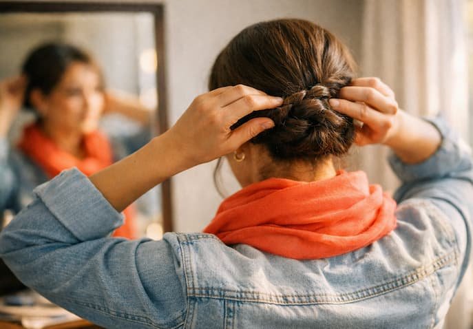  A woman adjusting her tidy braid in front of a mirror, wearing a coral scarf and denim jacket in warm daylight.