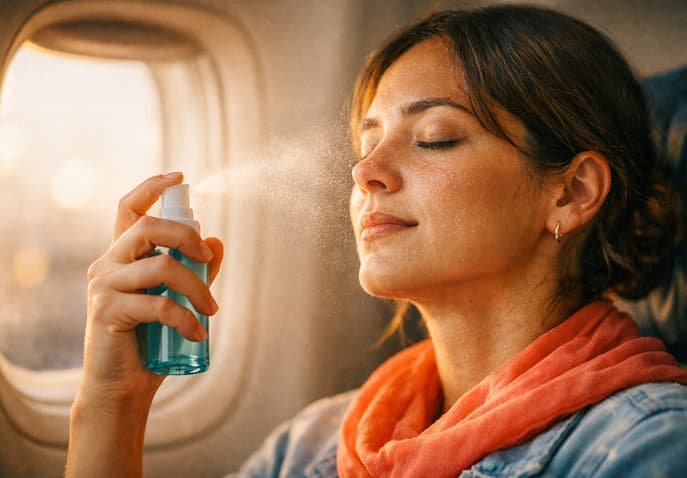 Close-up of a woman traveler misting face with turquoise spray bottle by airplane window in golden daylight.