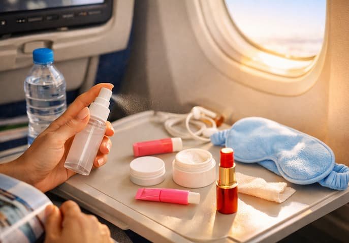 In‑flight skincare essentials — facial mist, lip balm, moisturizer, and sleep mask on airplane tray table with golden daylight.