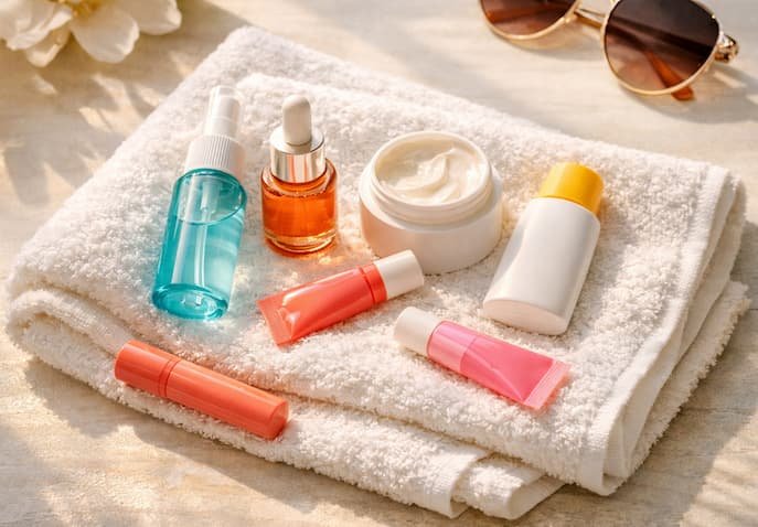 A flat lay of mini skincare bottles and towel with coral, aqua, and blush accents — symbolizing a calming post‑flight reset routine.