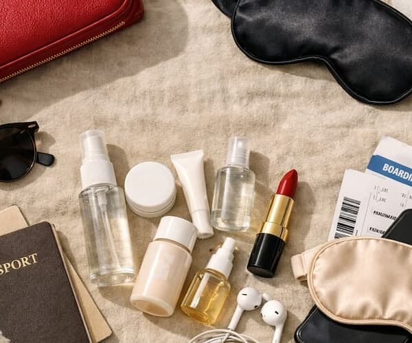 Flat lay of travel skincare essentials including mist, moisturizer, lipstick, passport, and sleep mask on beige fabric — symbolizing post‑flight freshness and self‑care.