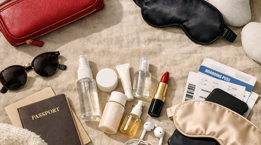 Flat lay of travel skincare essentials including mist, moisturizer, lipstick, passport, and sleep mask on beige fabric — symbolizing post‑flight freshness and self‑care.