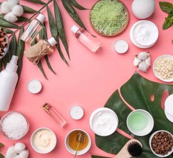 Flat lay natural ingredients that are the best for skin and beauty care