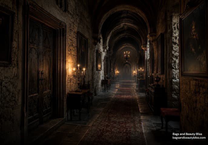 Dark medieval castle corridor with old stone walls, candlelight, and mysterious haunted atmosphere