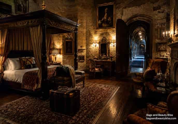 Luxury castle hotel room with antique furniture and historic medieval interiors