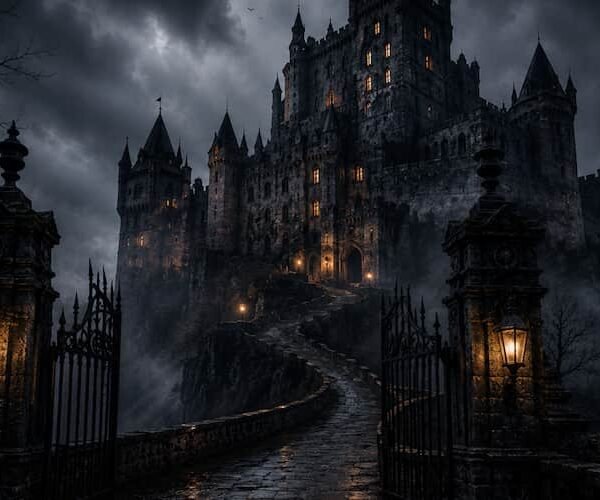 Historic haunted castle surrounded by mist and darkness with ancient gothic architecture.