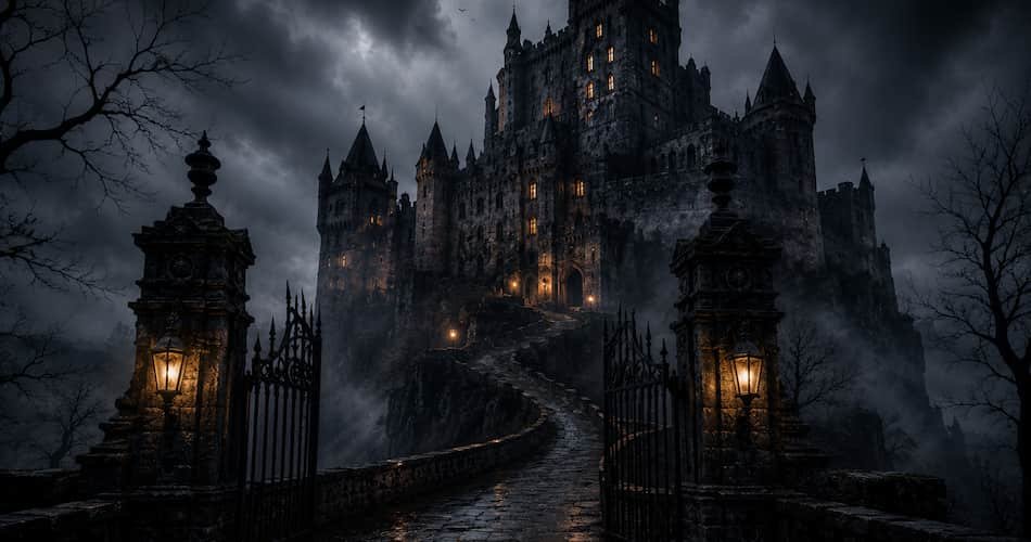 Historic haunted castle surrounded by mist and darkness with ancient gothic architecture.