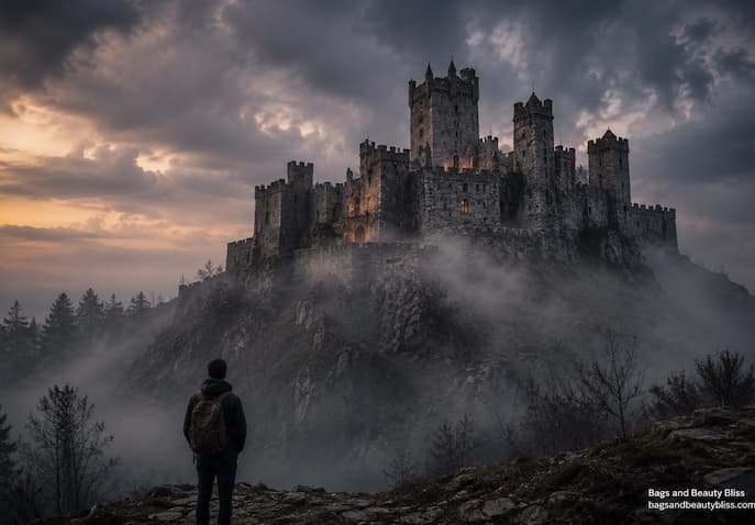 Ancient haunted castle on a foggy hill with gothic towers and mysterious atmosphere