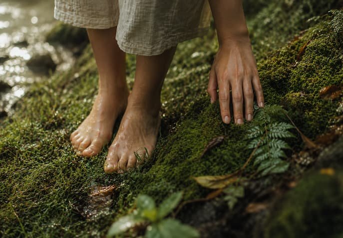 Barefoot feet standing on wet grass while touching moss and dew-covered leaves during a grounding nature therapy experience