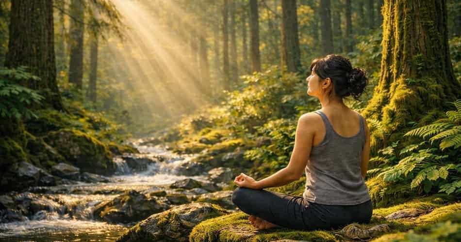 A woman meditating beside a peaceful forest stream surrounded by sunlight and trees during a nature therapy wellness retreat
