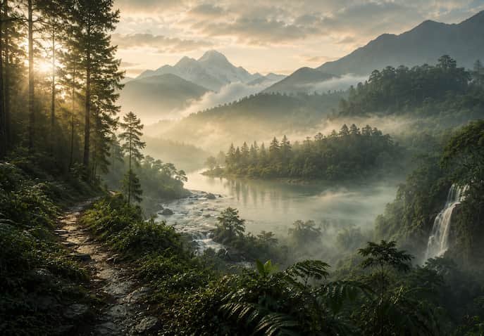 Cinematic nature landscape with misty forests, an alpine lake, rainforest trails, and mountains representing global ecotherapy and wellness travel destinations