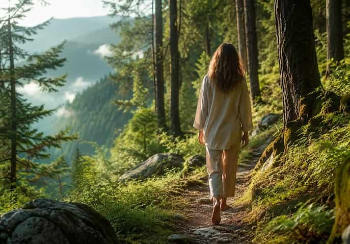 Woman walking barefoot on a peaceful forest trail surrounded by sunlight and pine trees during a nature healing journey