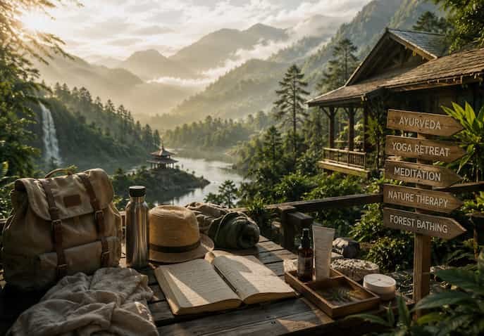A wellness travel setup with backpack, journal, eco skincare, and mountain nature retreat landscape for planning a healing therapy trip