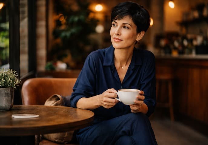 A confident woman in her 40s enjoying coffee alone at a cozy cafe during solo travel
