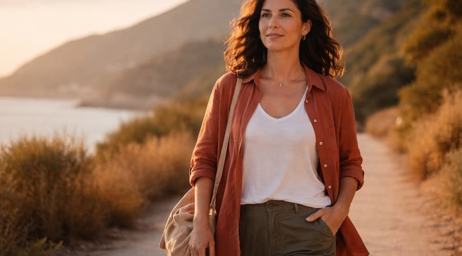 A confident woman in her 40s walking alone on scenic coastal path during solo travel