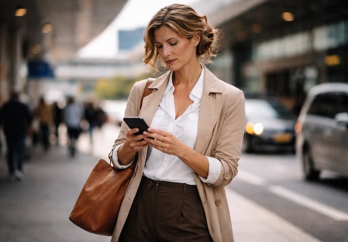 A solo female traveler checking phone in city, staying aware and safe during travel