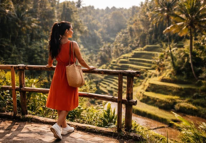 A woman in an orange dress is enjoying the scenic Bali rice terraces during solo travel