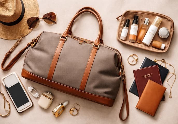 A flat lay of women's travel essentials, including a bag, skincare, sunglasses, a passport, and accessories