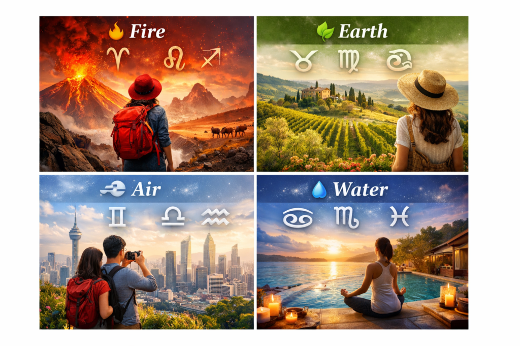  Zodiac elements collage showing Fire, Earth, Air, and Water with zodiac signs and symbolic landscapes.