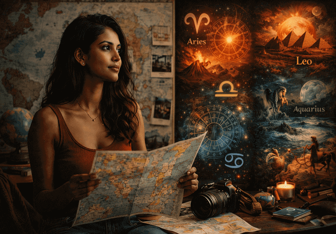 Woman planning travel at desk with astrological zodiac poster backdrop.