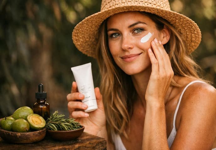  Woman applying sunscreen in Australia-inspired skincare ritual with native botanicals for sun protection
