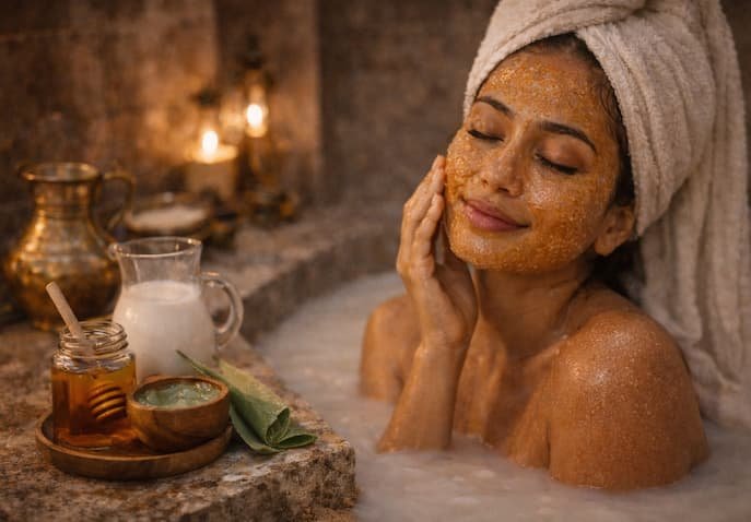  Woman enjoying an Egyptian milk and honey beauty ritual for soft, hydrated, glowing skin