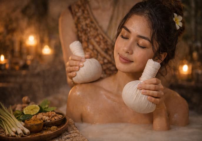  A woman enjoying a traditional Thai herbal compress beauty ritual for relaxation and glowing skin