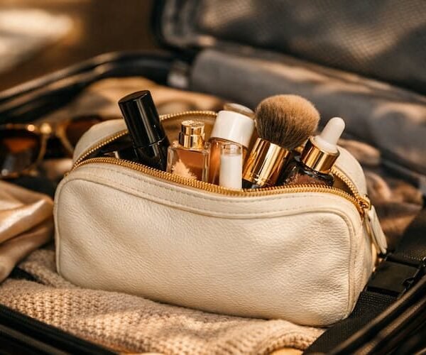 Cinematic hero shot of an open carry‑on with a beauty pouch and essentials peeking out.